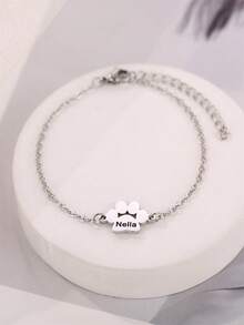 Customized Cute Paw Print Heart-Shaped Bracelet, Personalized Pet Memorial Gift With Name Engraved, Cat Dog Paw Bracelet, Animal-Friendly Jewelry - Silver Dog Paw - View 6