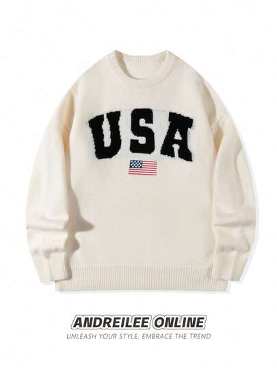 Winter Men's Unisex Versatile Casual Crew Neck Long Sleeve USA Letter American Flag Knit Pullover Sweater