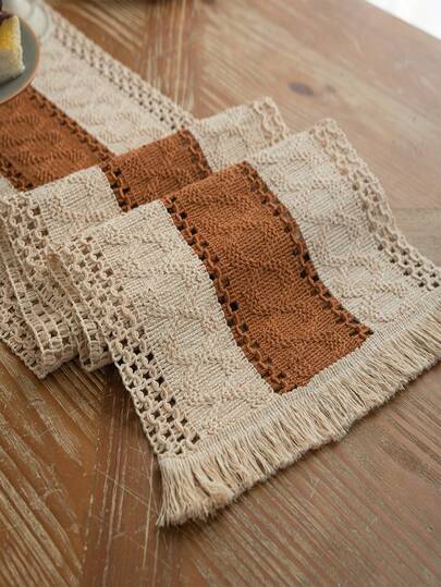 1 件米色底棕色复古波西米亚针织风格桌旗，家居装饰桌旗，厨房、餐厅、酒店、户外派对、节日装饰餐垫