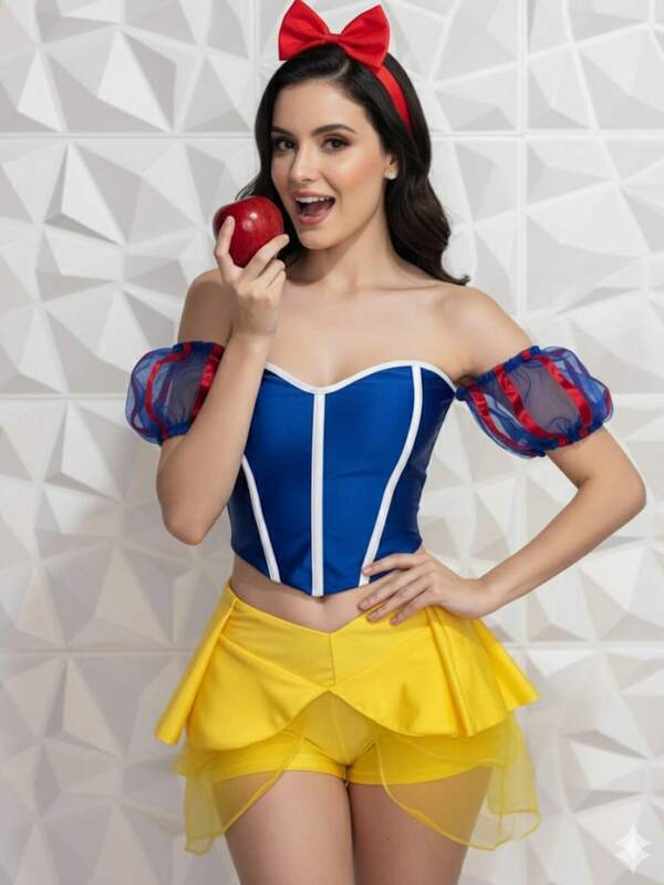 Bonito Disfraz de Princesa Blanca Nieves conjunto de top corto con hombros descubiertos y mangas abullonadas, falda pantalón para mujer dama sexy fiesta de Halloween y cosplay, Festividad Noviembre Día de Muertos