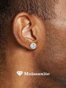 2 件 Hiphop 925 纯银莫桑石圆形耳钉，适合男女，日常佩戴，派对，情人节，万圣节，圣诞节，时尚珠宝礼物 - 銀色 - 查看 5