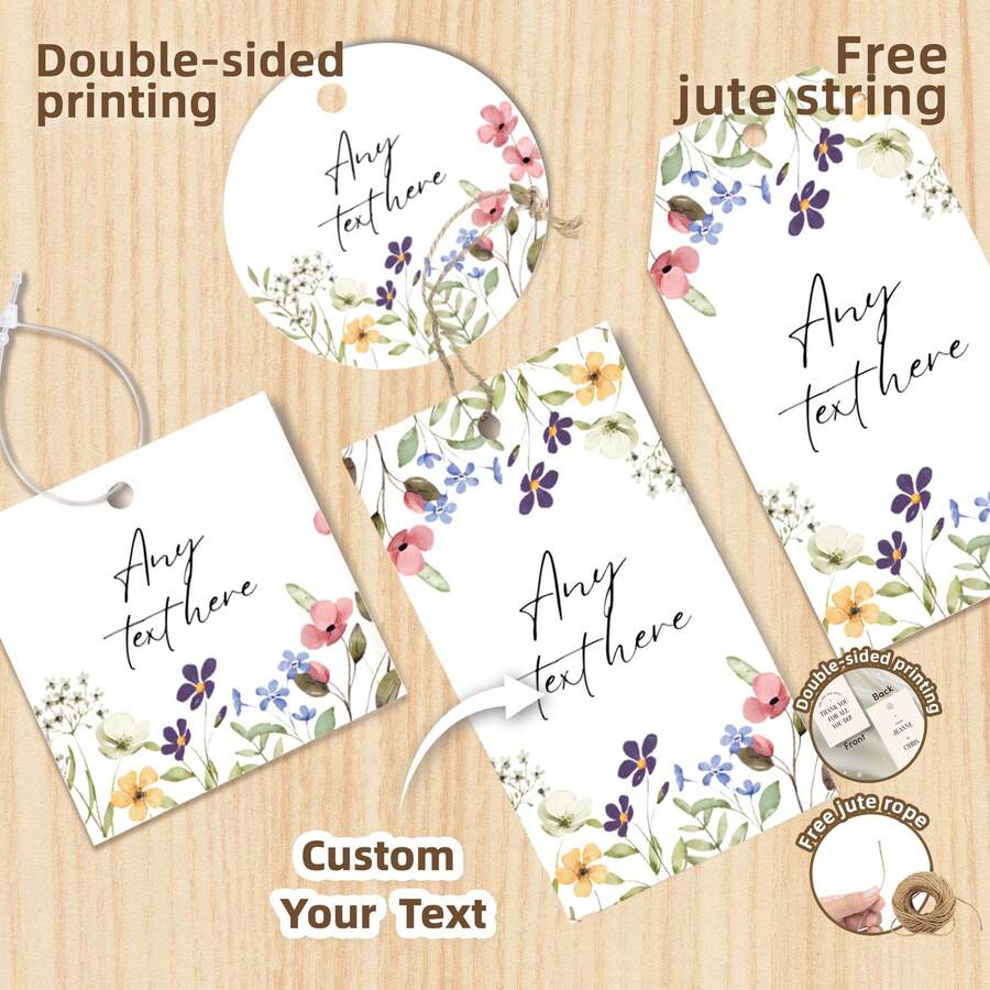 50-200pcs Custom Hang Tags, Floral Double-Sided Printed Personalized Gift Tags With Text, 4 Shapes, Colorful Wildflower Printable Labels With Jute String, Paper Tags Cards For Bottles, Clothing, Food Packing, Handmade Gift Tags, Gift Cards For Party, Anniversary, Baby Shower, Wedding, Birthday, Gift For Her/Him, Customized Wedding Favor Tags, Christmas Gift Tags - 彩色 - 查看 1