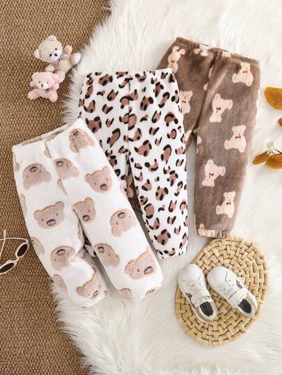 3 条装女婴毛绒熊、豹纹和棕熊印花裤，柔软舒适保暖紧身裤，适合休闲、旅行、日常穿着，适合 0-3 岁婴幼儿