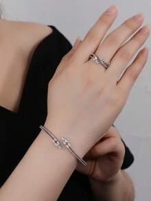 Set de joyería de 2 piezas con brazalete y anillo ajustables de cobre, con circonita cúbica, de moda y encantador, adecuado para que las mujeres lo usen a diario o en días festivos