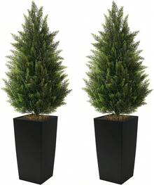 Artificial Topiary Cedar Tree 4ft Faux Plants Indoor Realistic Cypress Tree 2 Set Outdoor Evergreen Fake Shrubs With Square Flower Pot For Home Living Room Front Porch Christmas Decor 2026 Upgrade - Black Planter - 查看 9