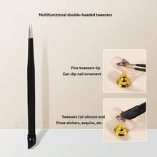 1 szt. czarna wielofunkcyjna pęseta do zdobienia paznokci z silikonową końcówką, dwustronna naklejka na paznokcie i chwytak do kryształków, narzędzie do przedłużania rzęs - Wielokolorowe - Zobacz 1