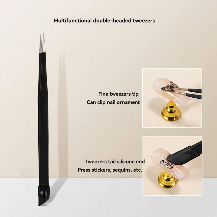 1 szt. czarna wielofunkcyjna pęseta do zdobienia paznokci z silikonową końcówką, dwustronna naklejka na paznokcie i chwytak do kryształków, narzędzie do przedłużania rzęs - Wielokolorowe - Zobacz 1
