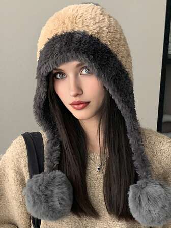 1 st damvintermössa med kattöron, randig stickad mössa med dubbla pom-poms, varm termofodrad skidmössa med öronflikar, lämplig för utomhuspromenader, shopping, semester och vardagsbruk