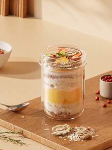 1pc Overnight Oats Container (With Spoon And Lid), 1pc Yogurt Bottle, Airtight Glass Food Storage Jars, Breakfast Yogurt Cup, Cereal Container, Cup, Glass Containers, Storage Jars, Dust-Proof And Leak-Proof, Lid With Handle - Multicolor - View 3