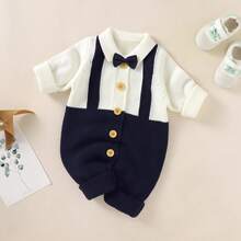 Infant Gentleman Style Knit Romper, Small Collar Bow Design, Casual Jumpsuit