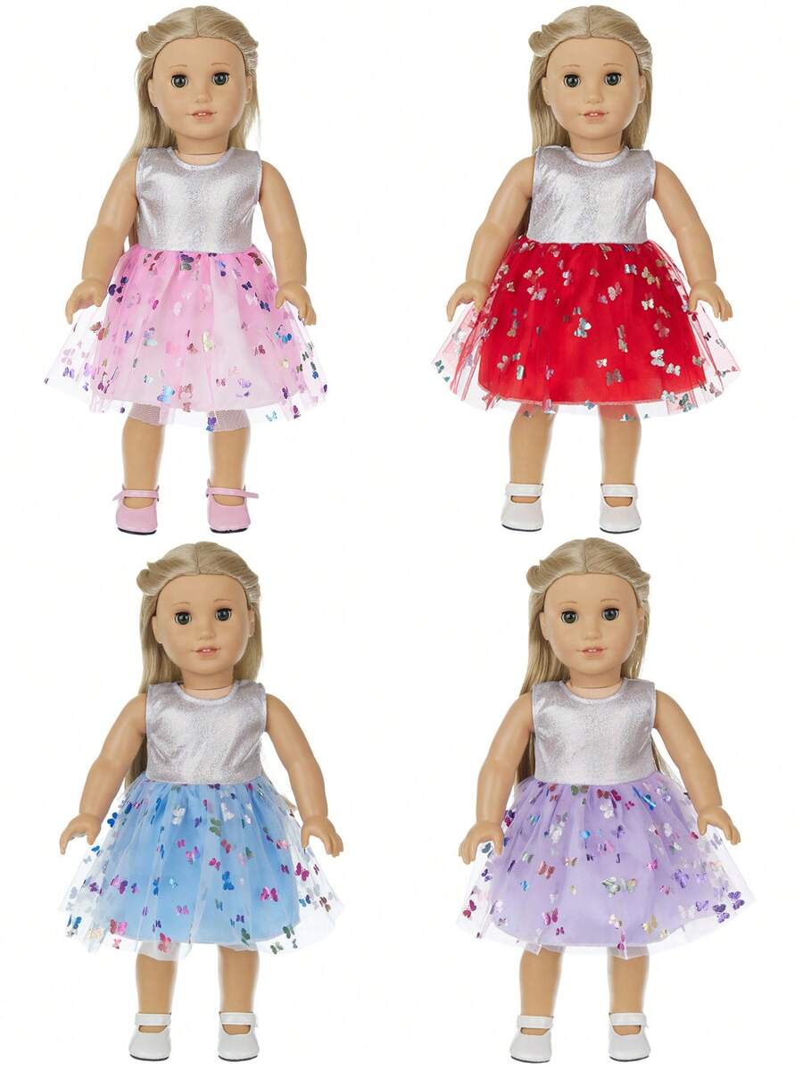 16-18 Inch Children's Doll Dress, Fashion Personalized Dress With Butterfly Element Tulle Skirt, Multiple Colors Available, Doll Costume, Dress Up Game Outfit, Suitable For Children 3+ Years Old, Christmas Gift, Holiday Gift, Birthday Gift (Doll And Shoes Not Included) - Multicolor - View 1