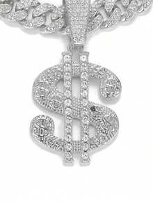 1pc Alloy Pendant Necklace With Rhinestone Encrusted Large Gold Coin Pendant And Shiny Thick Purple Chain, Punk Rock Rapper Hip Hop Jewelry For Men - Silver - View 14