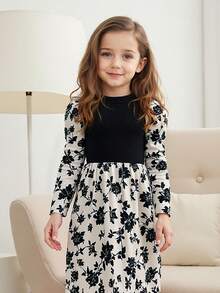 Girls' Long Sleeve Floral Print Dress, Black & Beige Color Block Elegant Design With Pleated Skirt, Party Dress For Autumn/Winter