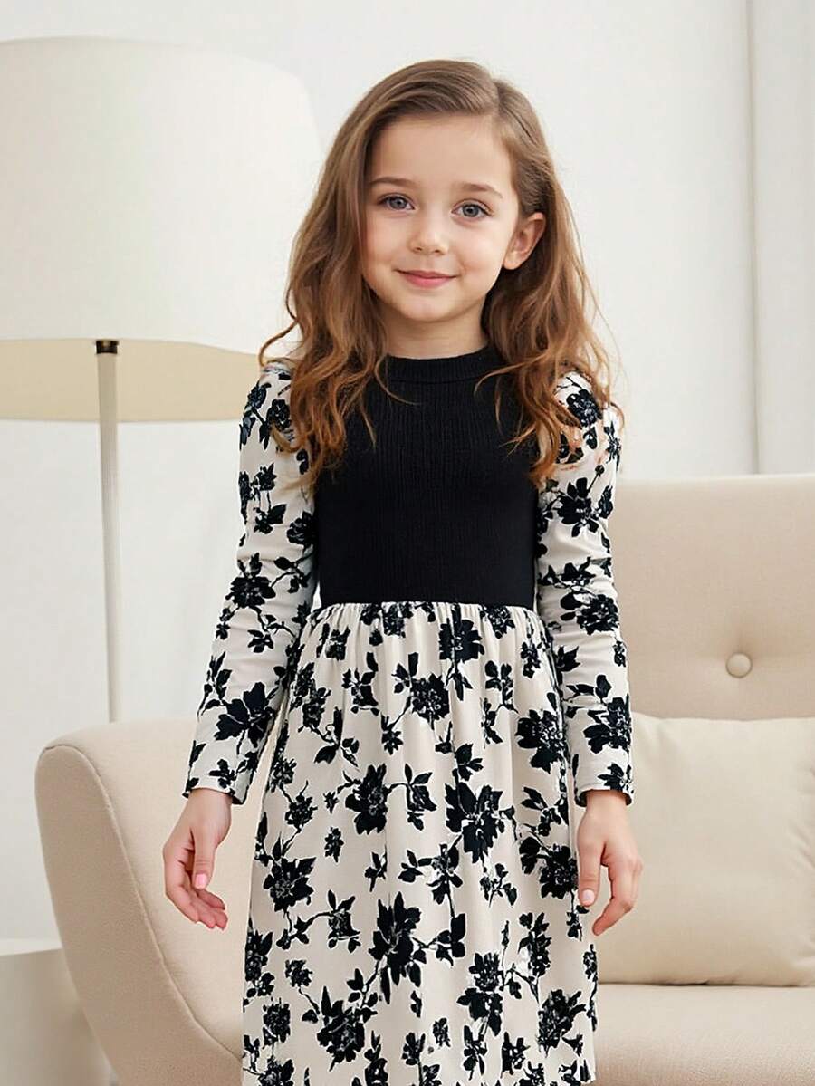 Girls' Long Sleeve Floral Print Dress, Black & Beige Color Block Elegant Design With Pleated Skirt, Party Dress For Autumn/Winter