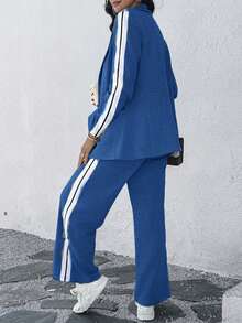 ChicMe 2 Pieces Striped Side Sporty Tape Notched Collar Front Button Blazer Wide-Leg Pants With Pockets Pants Set