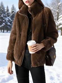 2025 Autumn And Winter Solid Color Zipper Regular Jacket, Women's Elegant Plush Coat, Daily Travel Fashion Items - 棕色 - 查看 1