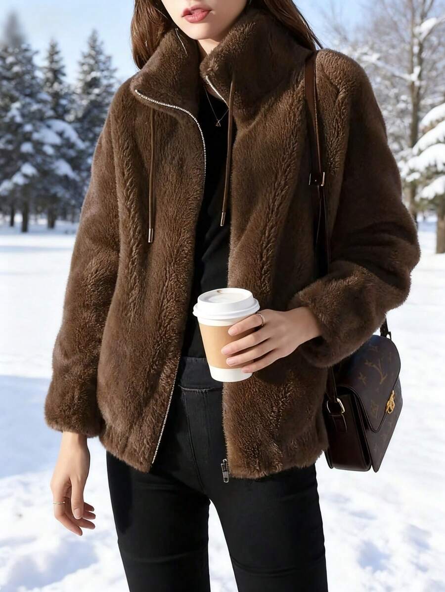 2025 Autumn And Winter Solid Color Zipper Regular Jacket, Women's Elegant Plush Coat, Daily Travel Fashion Items - 棕色 - 查看 1