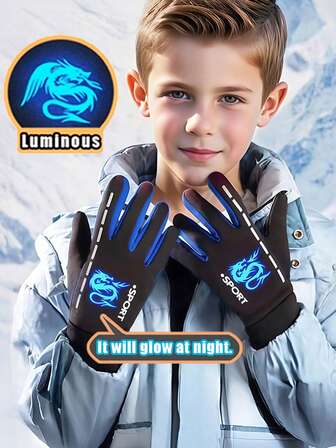 1 par vinterhandskar för barn, tjocka vindtäta skidhandskar för pojkar, varma fleecefodrade cykelhandskar för utomhusaktiviteter, lämpliga för 6-12 år
