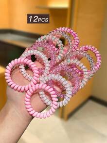 12个粉色螺旋发圈，高弹力发圈，甜美可爱风格，女士发饰，适合日常休闲和户外活动，也可用作学习用品、发饰、女性配饰、发绳马尾辫头饰橡皮筋 - 粉色 - 查看 7