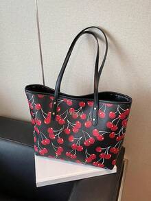Cute Cherry Pattern Large Capacity Handbag| Women's Casual Versatile Shoulder Tote, Simple Fashion Shopping Bag, Everyday Work Purse - Black - View 8