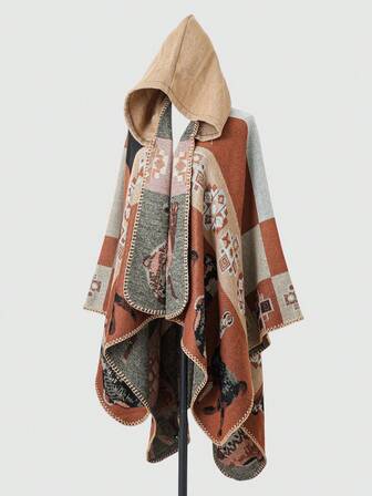 1 pieza Poncho con capucha de moda casual vintage con estampado geométrico jacquard