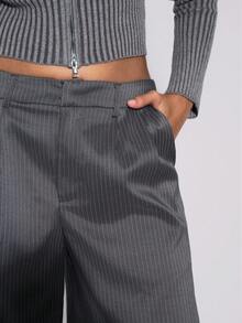 TypaGal Women's Striped Pocket Gray Woven Bermuda Shorts Fall Autumn Winter Casual Sporty Chic Modern Going Out Strip Pattern Pockets - Grey - View 5