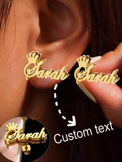 A Pair Of Custom Double-Layer Name Earrings, Stainless Steel Crown Design 3D Nameplate Earrings, An Elegant Jewelry Gift For Girlfriends, Suitable For Birthdays, Holidays, Daily Wear, Mother's Day, Christmas Gifts For Family Members