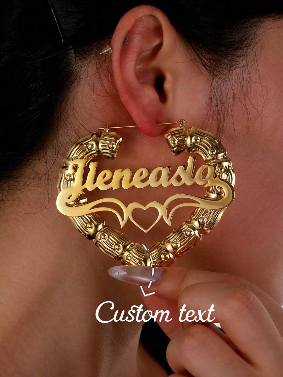 80mm Customized Name Bamboo Hoop Earrings, Personalized Nameplate Earrings, Jewelry Gift For Girls - Gold-bamboo Heart - View 1