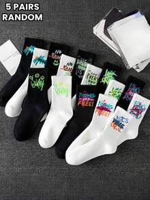 5 Pairs Of Random Style Street Men's And Women's Mid-Tube Socks Comfortable Personalized Crew Socks Colorful Printed Socks, Fall - Multicolor - View 6