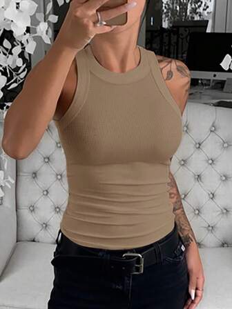 ChicMe リブ入り Oネック ノースリーブ ニット キャミソール レディース ベーシック スリムフィット お腹スッキリ カジュアル ベストトップ