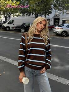 Jersey de punto con cuello redondo y rayas de contraste, estilo casual de influencer joven, estilo Holochristmas, otoño/invierno 2025