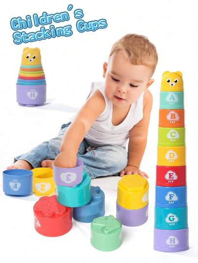 1set Bear Number Round Stack Cup Letter Recognition Assignment Toy, Kindergarten Learning Tool, Parent Child Interactive Puzzle Toy For Boys, Girls, Christmas, Halloween, Thanksgiving, Birthday Party (Random Color)