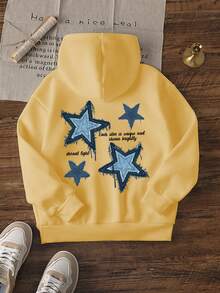 1pc Casual Star Print Sweatshirt, Suitable For Tween Girls, Thick Thermal Lined Design For Autumn/Winter Student Wear - Fun And Cool Star Pattern Sweatshirt, Showcasing The Joy Of Childhood! - Yellow - View 2