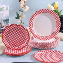 红色格子纸盘，派对用一次性盘子 - 彩色 - 查看 6