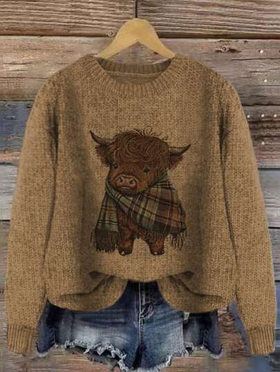 女士卡通奶牛印花圆领毛衣，休闲长袖圆领套头衫，适合秋冬季节，时尚女士针织衫，日常穿着，上衣