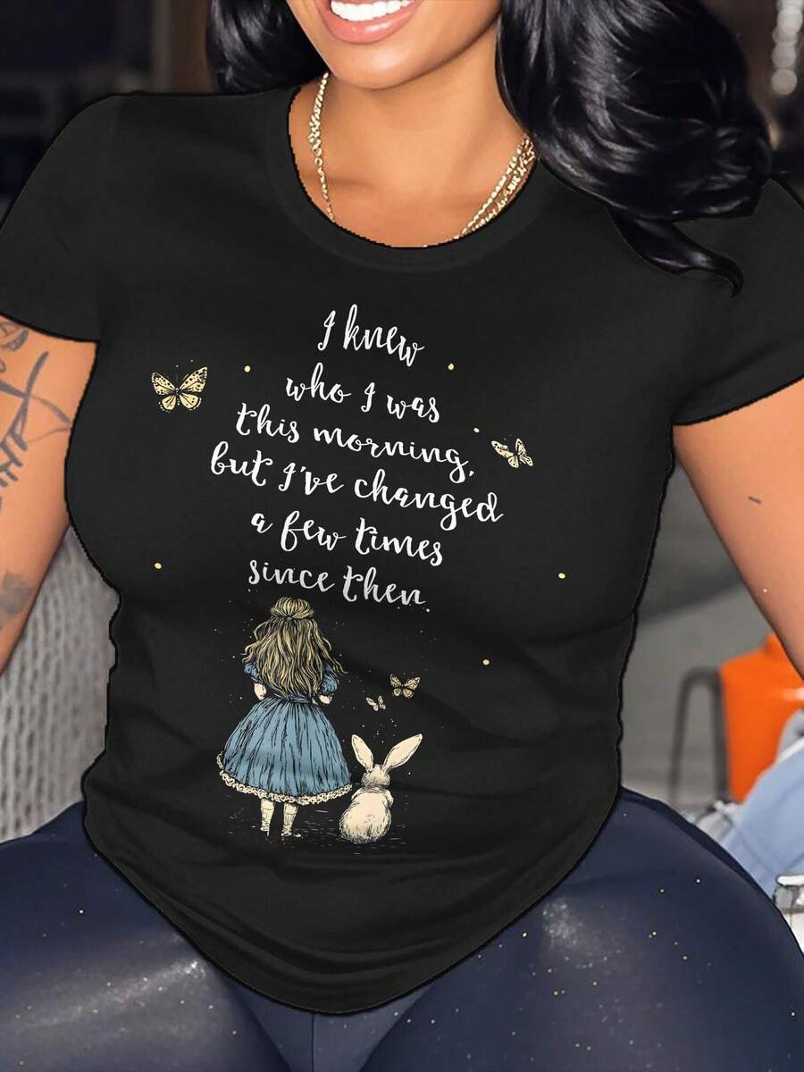 Plus-Size Women's T-Shirt Alice In Wonderland Quote   Whimsical Fantasy Art Rabbit - màu đen - Xem 1
