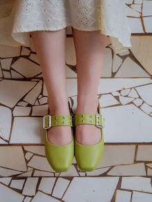 Women's Doll Shoes With Square Toe Eyelets - Verde Aguacate - Ver 2