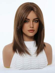 五星推荐 14 英寸优雅中长棕色直发假发，带刘海 - 玫瑰网帽，耐热合成纤维，女士假发，适合日常、派对、角色扮演、万圣节和其他场合 - 棕色 - 查看 6