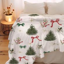 1 buc Pătură de flanel cu imprimeu de brad de Crăciun verde Fericit cu flori de fructe de pădure 70 * 100cm / 100 * 150cm / 130 * 150cm Pătură moale și caldă pentru decor acasă, animal de companie, pui de somn, birou, pat, cadou de Crăciun de toamnă/iarnă pentru familie sau prieteni, decor de Crăciun