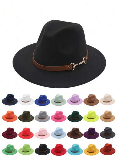 1 peça de chapéu de feltro feminino com aba reta em formato de coração, decorado com cinto de corrente de metal marrom, adequado para chapéu de cowboy ocidental, fivela de anel de metal, Cinto simples, chapéu fedora de aba reta, estilo versátil unissex