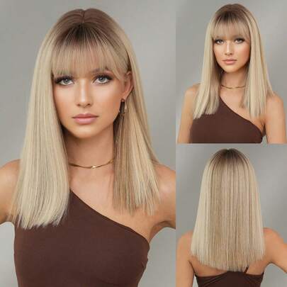 PIAOYUN Schulterlange Perücke, synthetisch, gerade, blond-Farbverlauf-braun, für Damen Alltag, Party, Rollenspiel, hochdichte, geschichtete, hitzebeständige Perücke