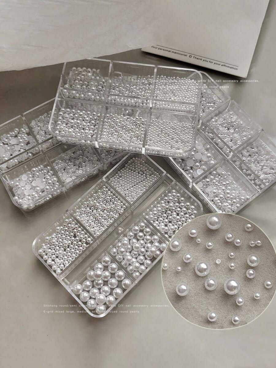 6-Grid Pearl Nail Art Decorations, Shiny Pearl Nail Accessories, Mixed Size Pure White Flat Half-Round Nail Rhinestones, Elegant Round Pearl Nail Decor Set Nails Nail Supplies - White - View 1