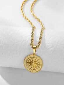 1pc 18K Gold Plated Stainless Steel Viking Compass Pendant Necklace, Herringbone Chain For Men - Yellow Gold - View 2