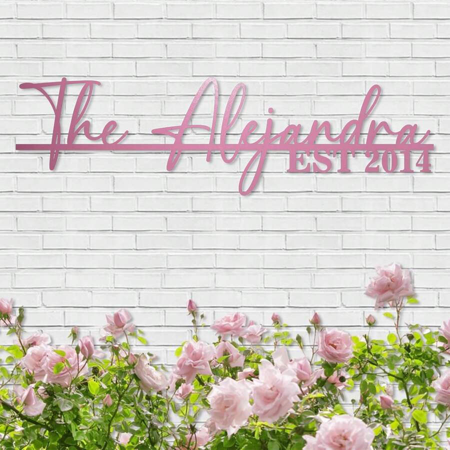 1 pezzo Targa metallica personalizzata rosa - Targa con testo e firma personalizzati, materiale resistente alle intemperie, design orizzontale moderno per decorazione porta d'ingresso, arte da giardino, regalo di inaugurazione casa (senza elettricità necessaria), decorazione da parete esterna in metallo, senza design di sfondo