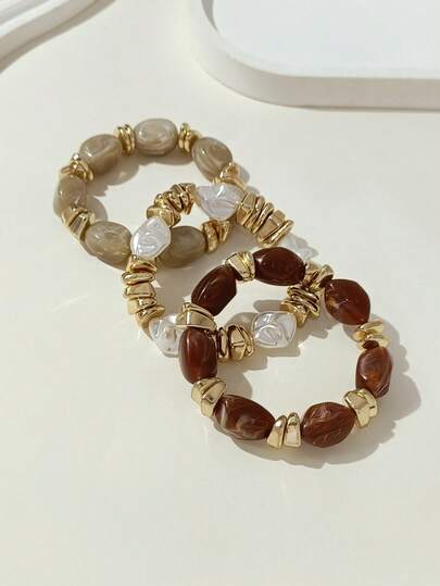 Set de 3 piezas de pulseras estilo vintage bohemio, de múltiples capas con perlas falsas y cuentas acrílicas, pulsera con cuentas doradas, de lujo y alta gama para mujeres, parejas, fiestas y uso diario