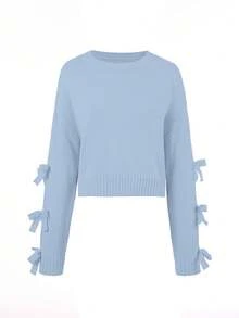 Joy Knit Women's New Autumn/Winter Knitted Top - Casual Minimalist Sweet Versatile All-Match Tops - Bowknot Sleeve Short Loose Crew Neck Pullover Sweater - Office Outfits For Women - Going Out Tops - Travel Outfit Airport