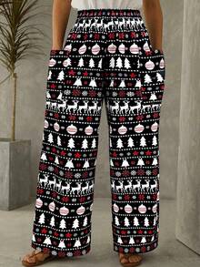 Calça casual feminina com estampa de natal, cintura elástica e bolso, perna larga - Preto e Branco - Ver 1