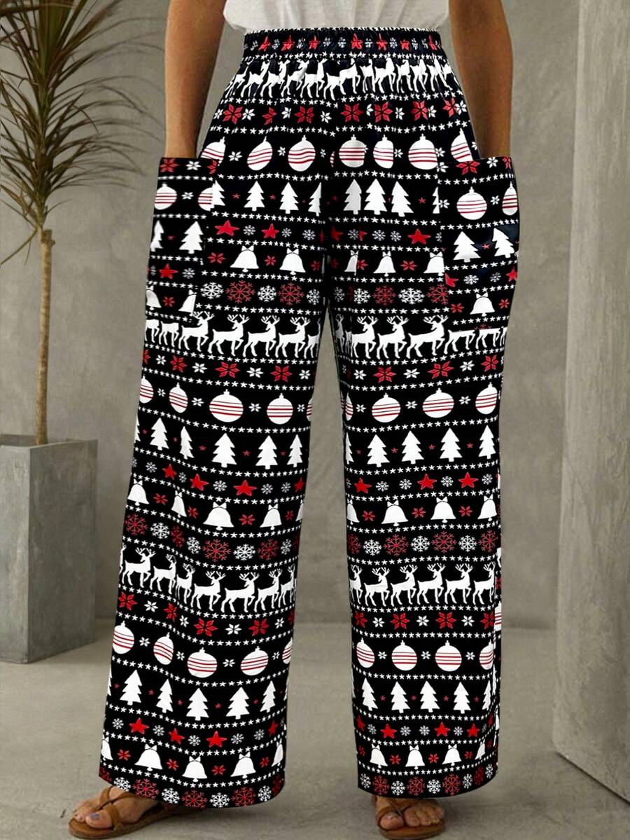 Calça casual feminina com estampa de natal, cintura elástica e bolso, perna larga - Preto e Branco - Ver 1