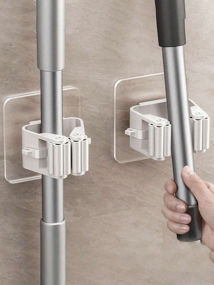 4 piezas Soporte para fregona sin taladro, gancho autoadhesivo para escoba, gancho adhesivo multifunción para baño, clip para escoba - Multicolor - Ver 1