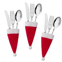 10 piezas de 6cm x 12cm Fundas rojas de felpa para cuchillo y tenedor de Papá Noel, decoración de mesa festiva para Navidad, accesorios de cocina y comedor para todo el año